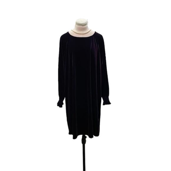 NINE WEST Deep Purple Velvet Smocked Wrist Shift Dress Large Whimsigoth Fairy - Picture 1 of 5